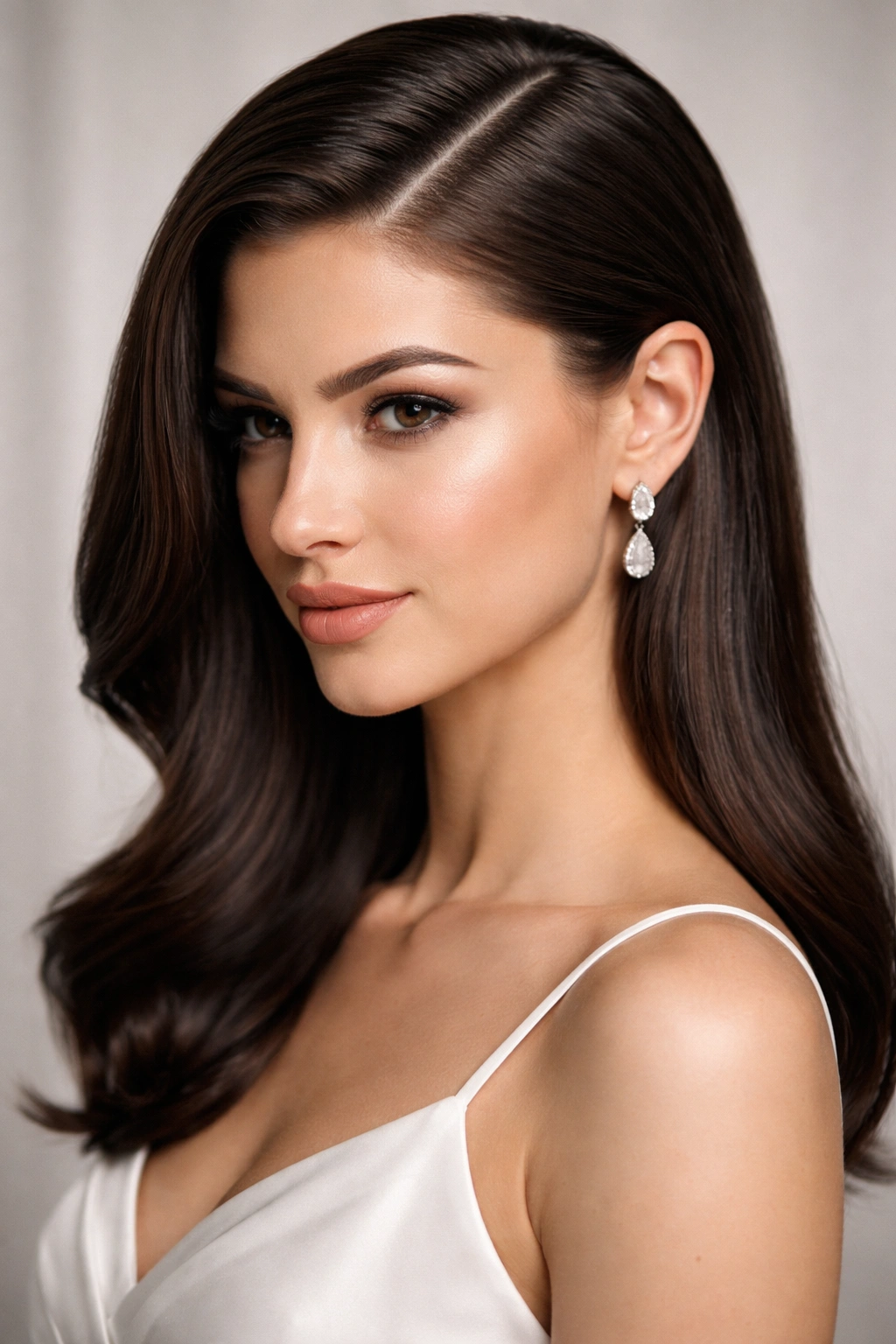 Sharp structured side part with glossy hair framing the face