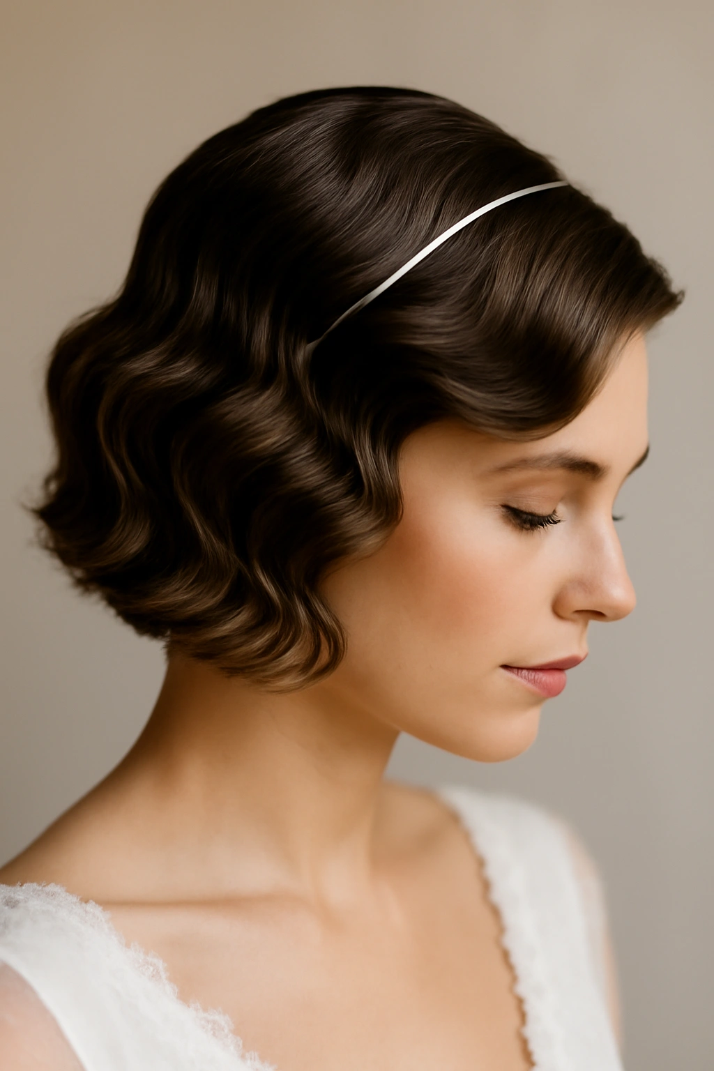 15 Wedding Hairstyles That Look Great on Short Hair 8 Structured waves with thin metal headband on short-to-medium hair.