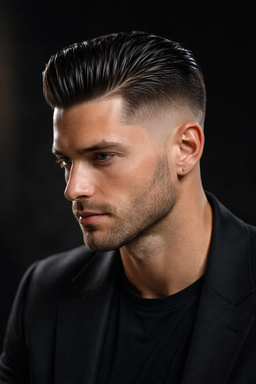 Stubble fade with glossy top hair portrait