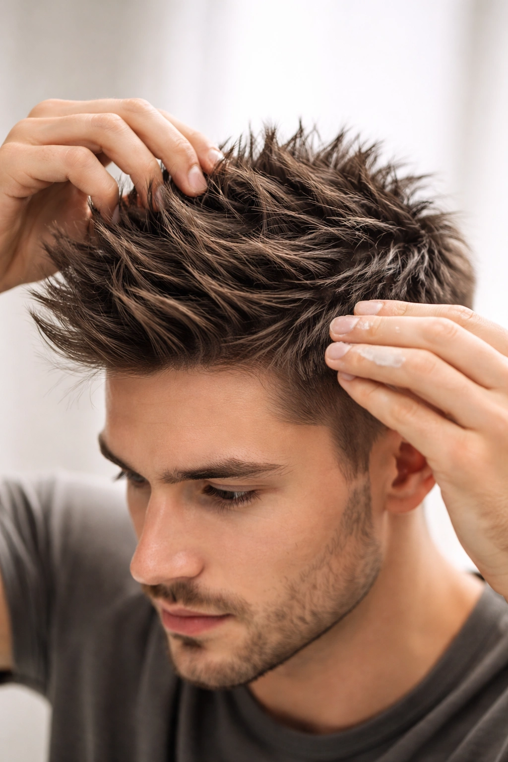 Hands styling damp hair with fingers and matte product in a studio