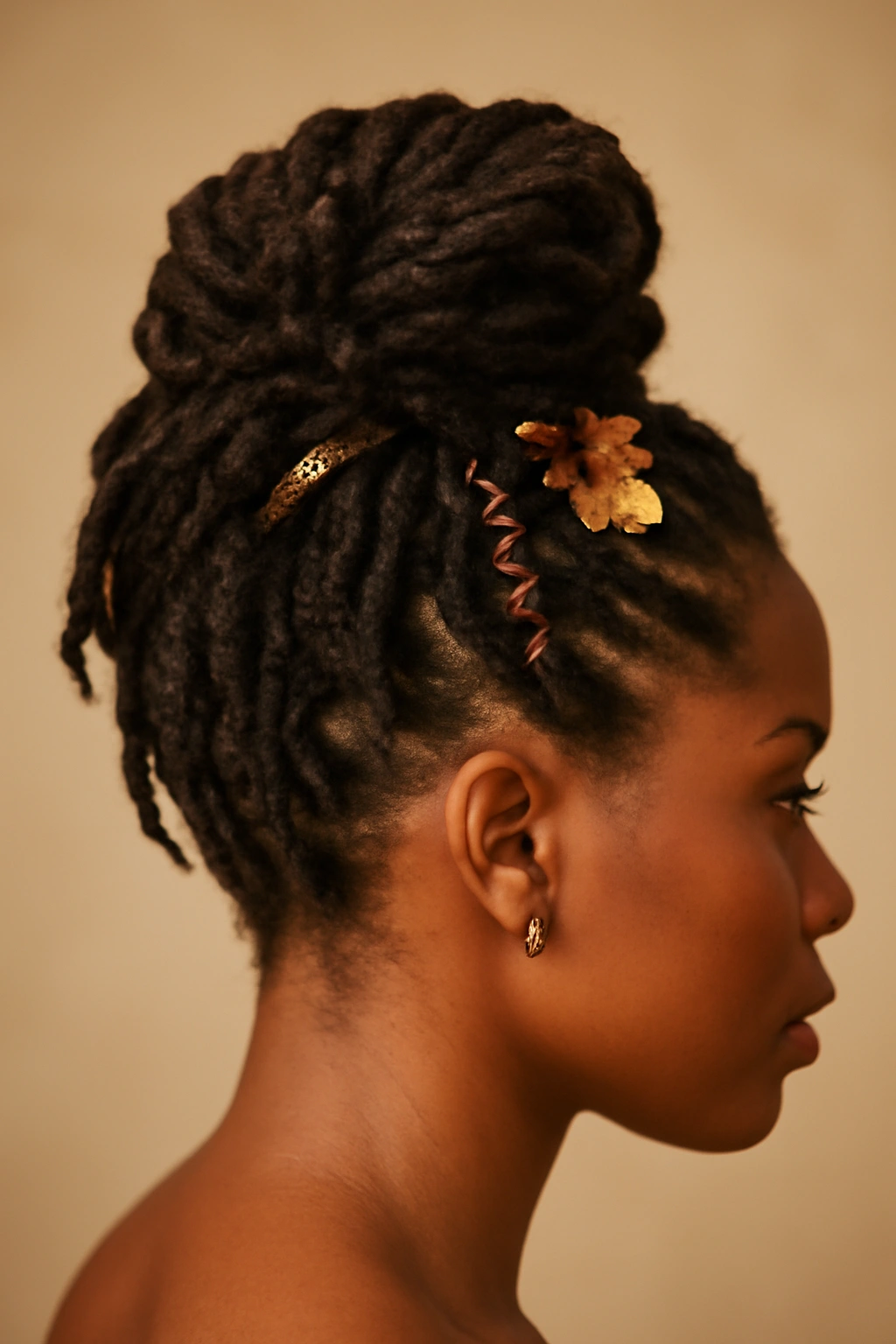 12 Fall Hairstyles Black Women Will Look Great In 5 Styled locs with autumn accessories arranged in an updo