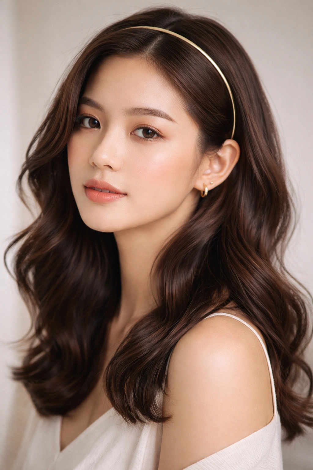 15 Asian Hairstyles Women Can T Stop Pinning 13 Close-up of soft waves with a sleek headband in a neutral studio portrait