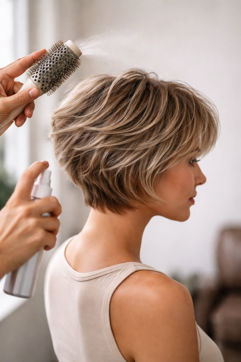 10 Feathered Short Haircuts With Soft Wispy Layers 12 Hands styling a short feathered haircut with texture spray in studio
