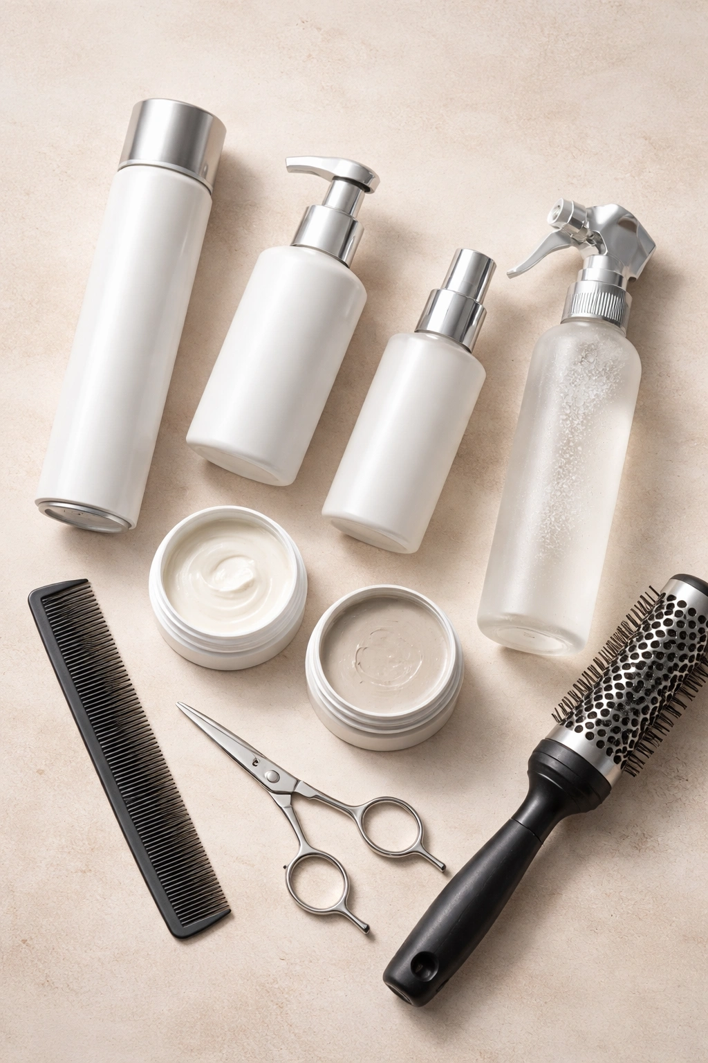 10 Short Haircuts Accented With Soft Gray Highlights 13 Flat lay of styling product bottles and tools on a clean surface