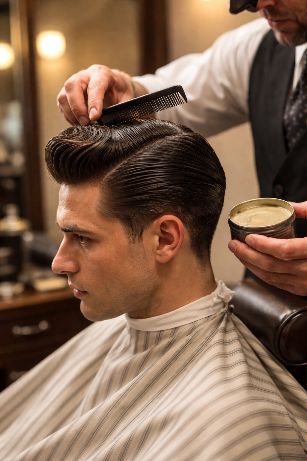 Side profile of a man getting styled in a barber chair, barber applying product.