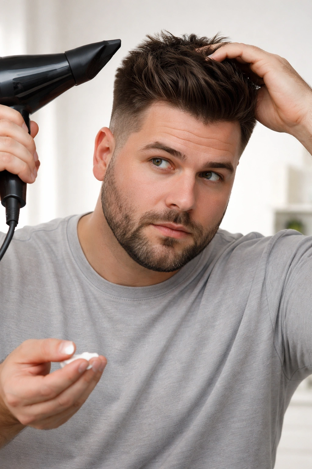Portrait of a man blow-drying hair at the roots, showing practical styling approach