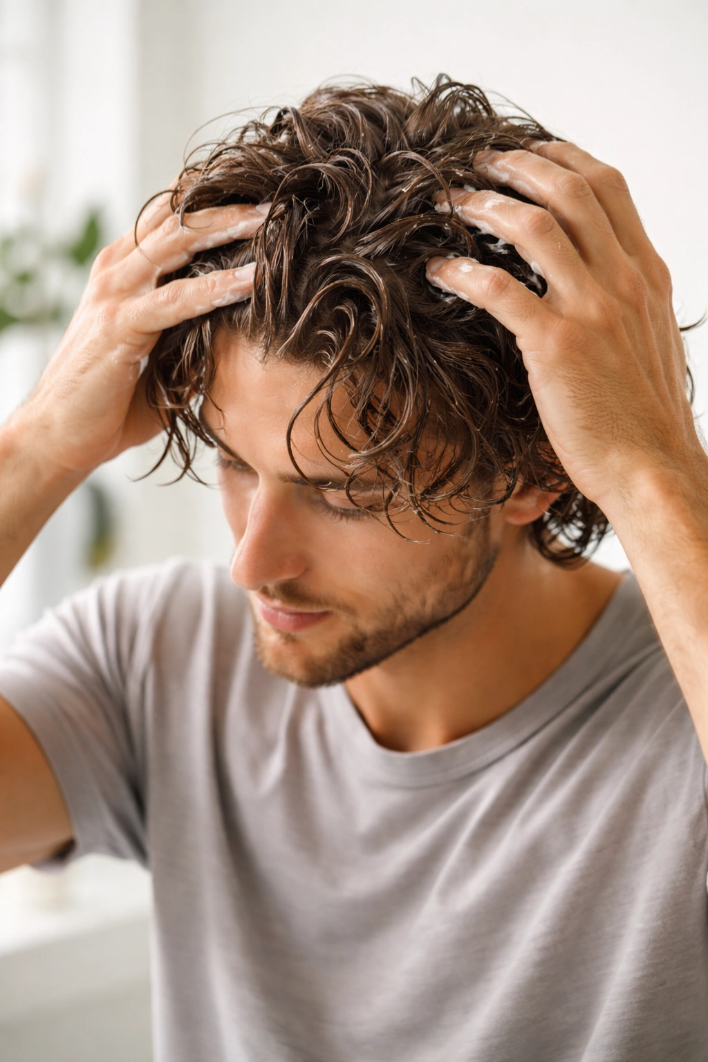 Hands styling wavy hair, focusing on texture