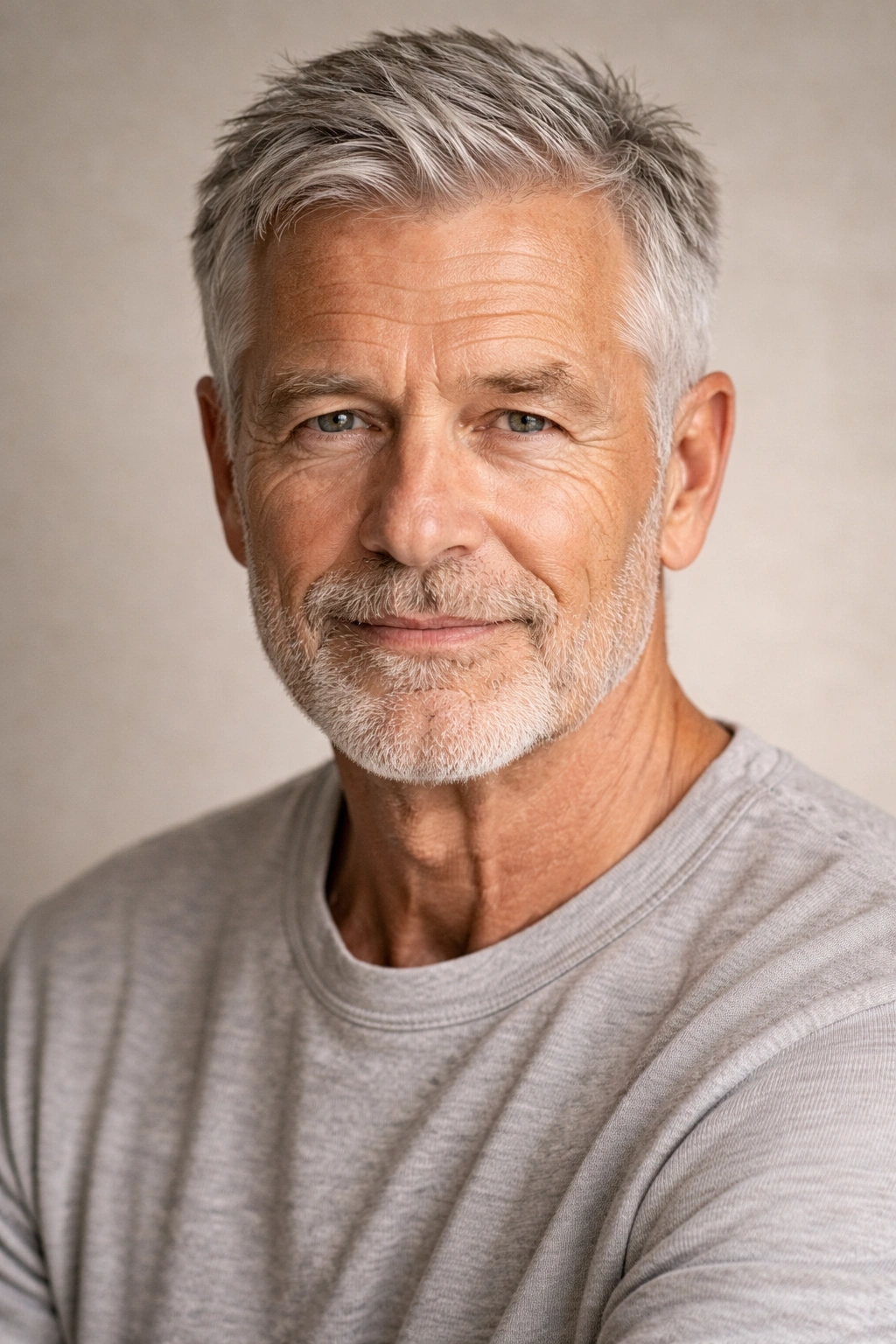 Close-up of a mature man with short textured hair and matte finish, demonstrating low-maintenance styling