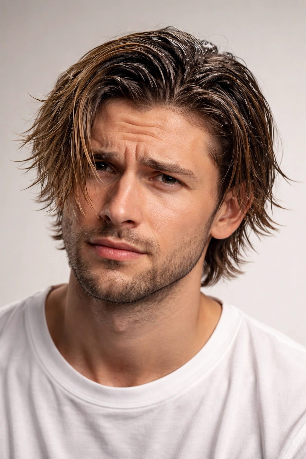 Man with medium-length hair showing common styling mistakes: greasy, stiff texture