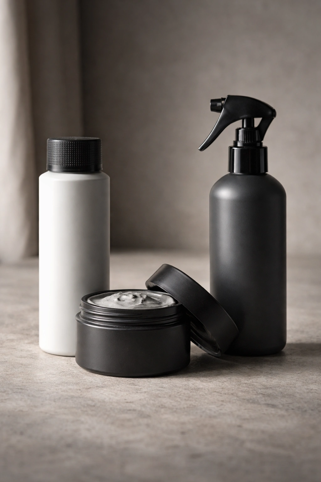 Unlabeled styling product containers for texture powder, matte product, sea salt spray