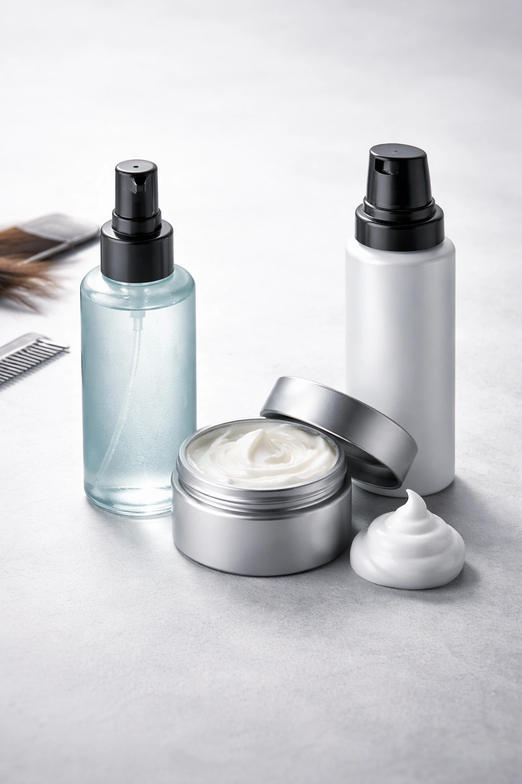 Row of unlabeled styling product bottles on a clean surface.