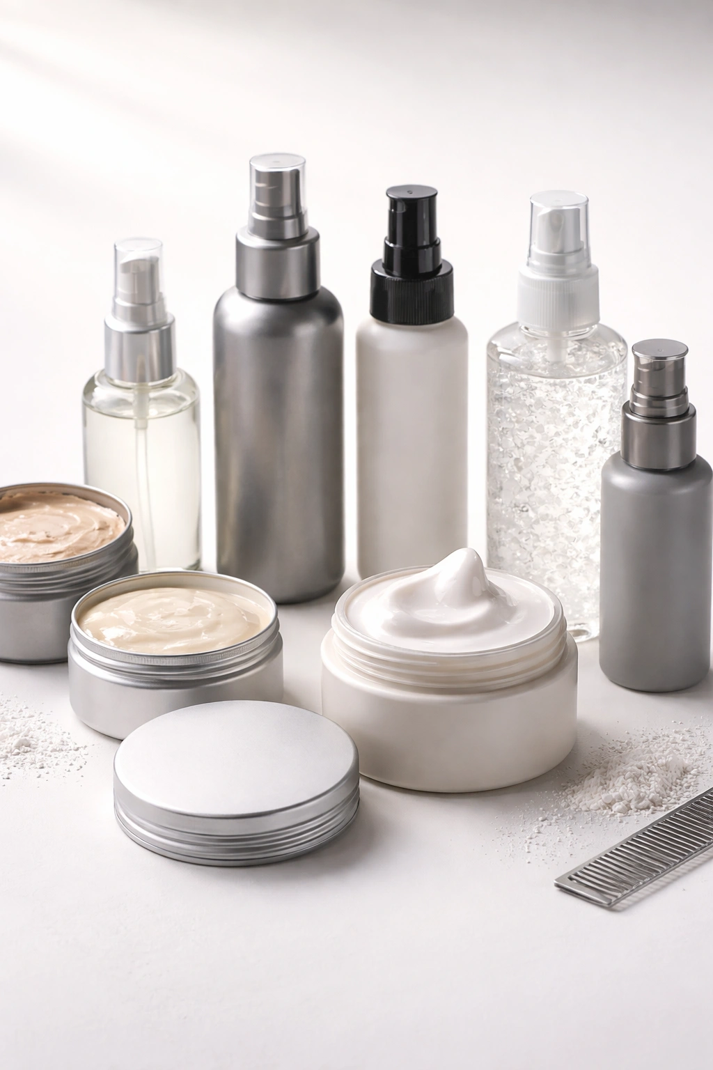 Unlabeled styling product bottles on a clean surface