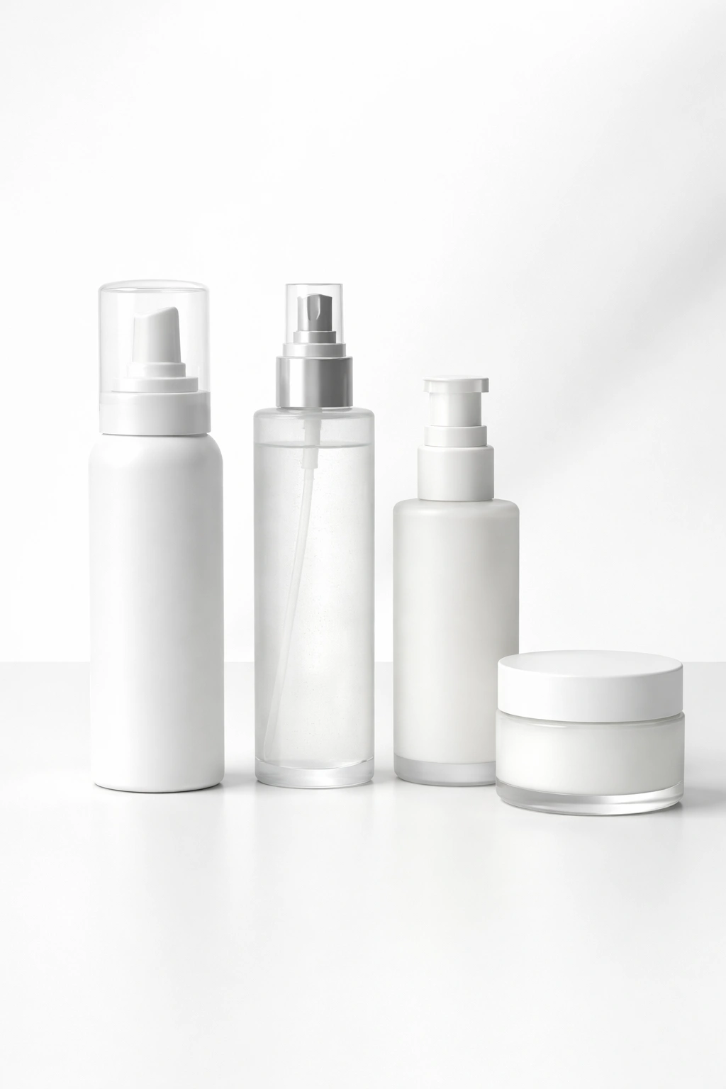 Minimalist bottles of styling products arranged neatly on a white surface