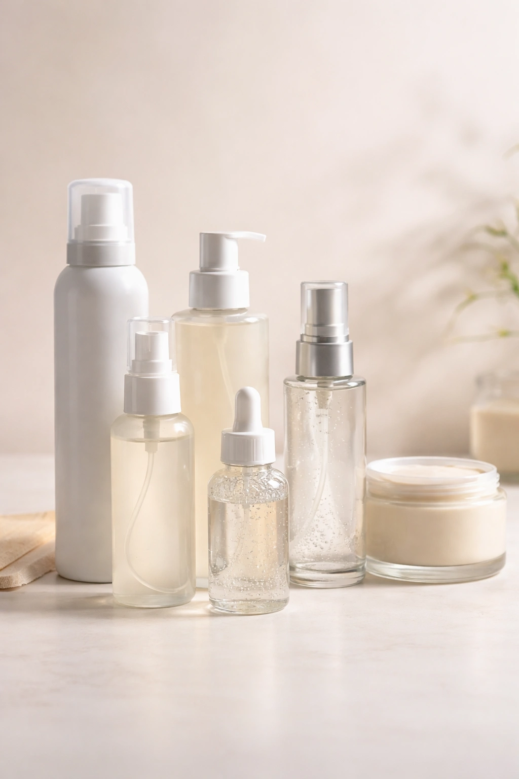 Plain, label-free styling product bottles on a clean surface