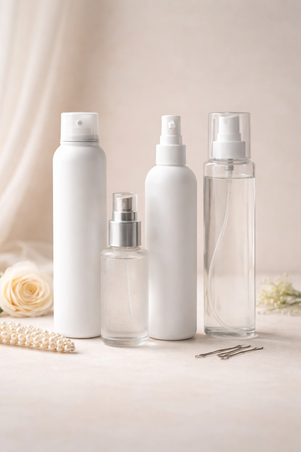 Label-free styling product bottles arranged neatly for a hair-up styling