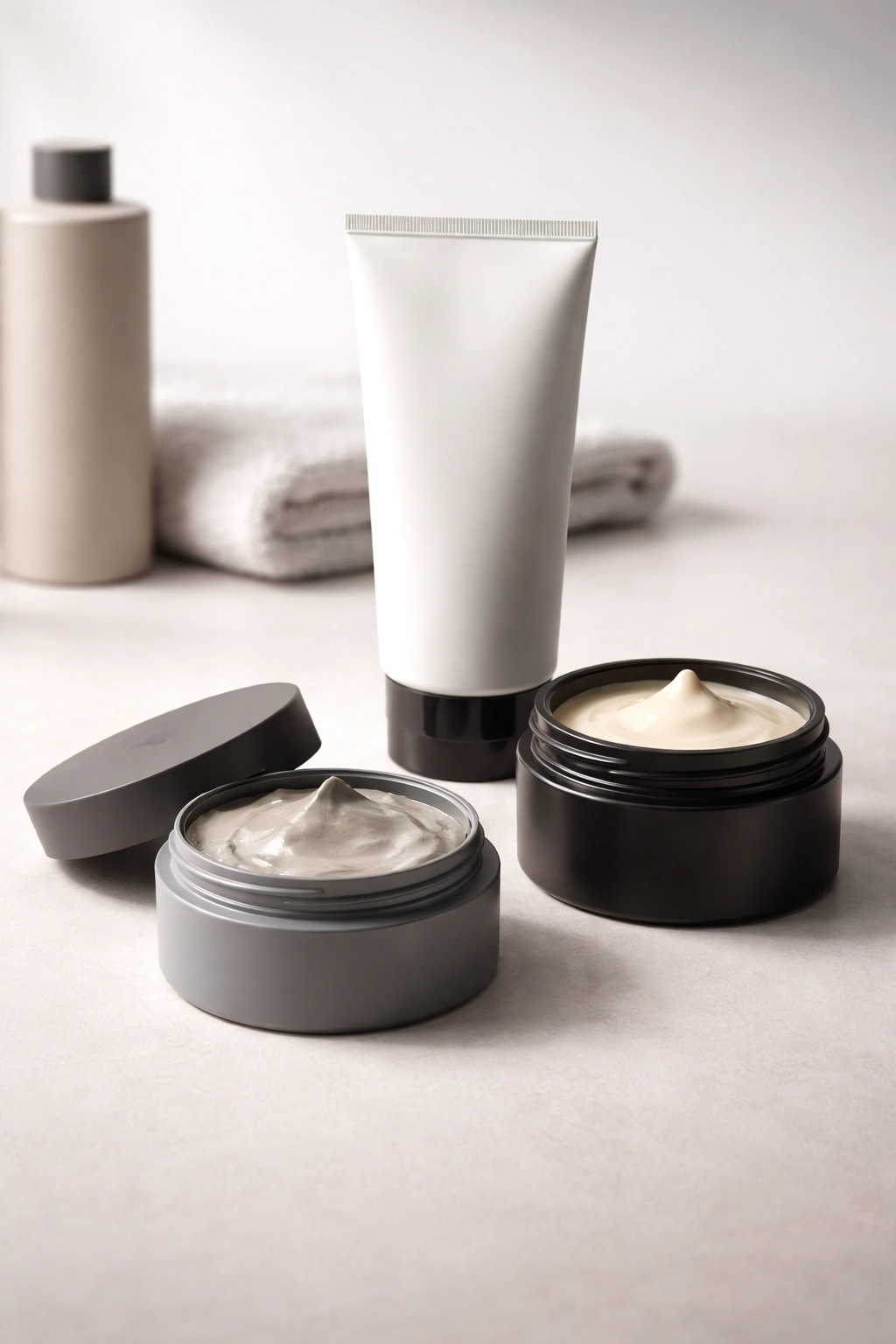 Minimalist still life of unlabeled styling products for men's hair