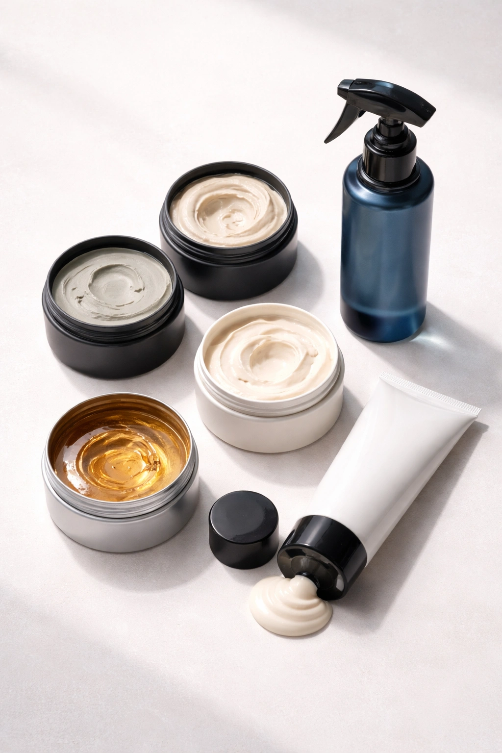 Studio still life of unlabeled styling product containers for matte clay, paste, pomade, sea salt spray, and lightweight cream