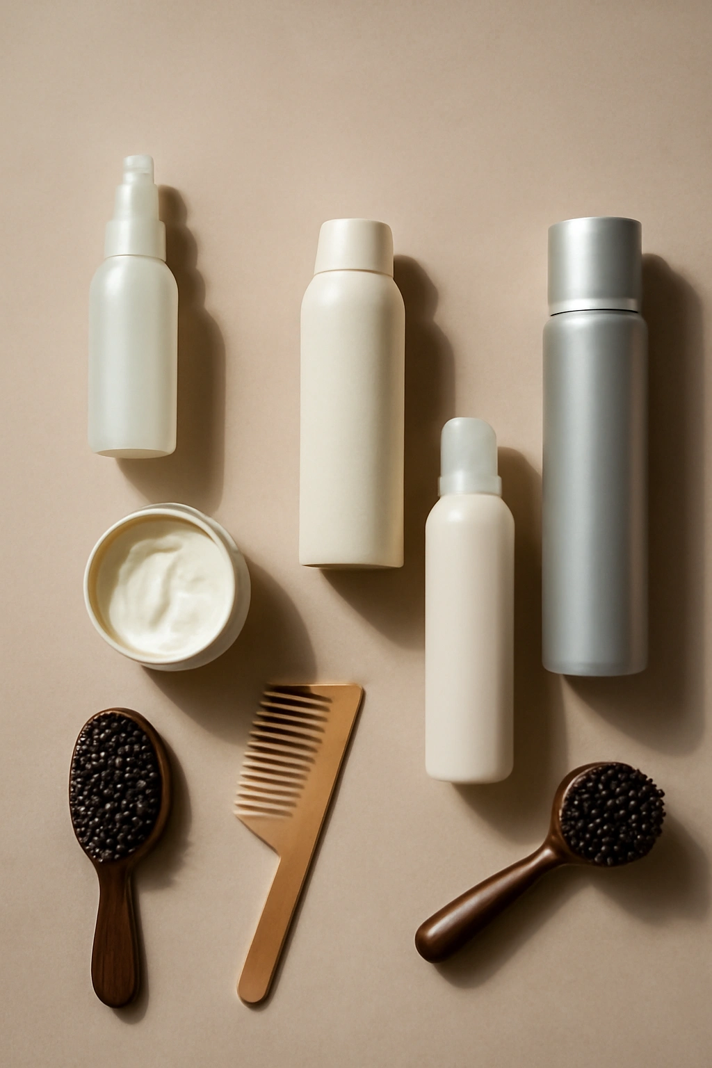 10 Easy Short Hairstyles Perfect for School Days 12 Flat lay of unlabeled styling products and tools for short-hair styling.