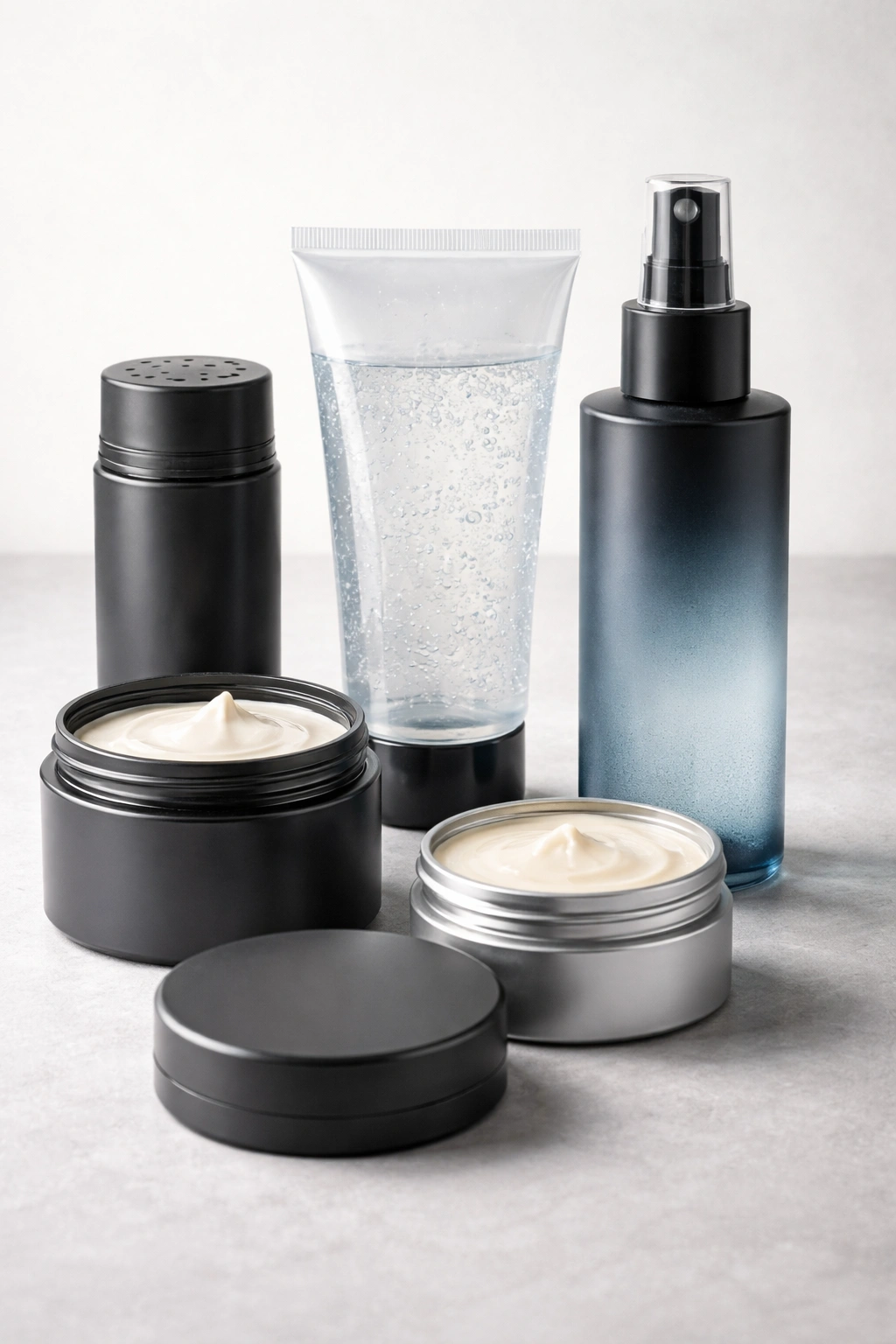 Unlabeled styling product containers arranged on a neutral surface