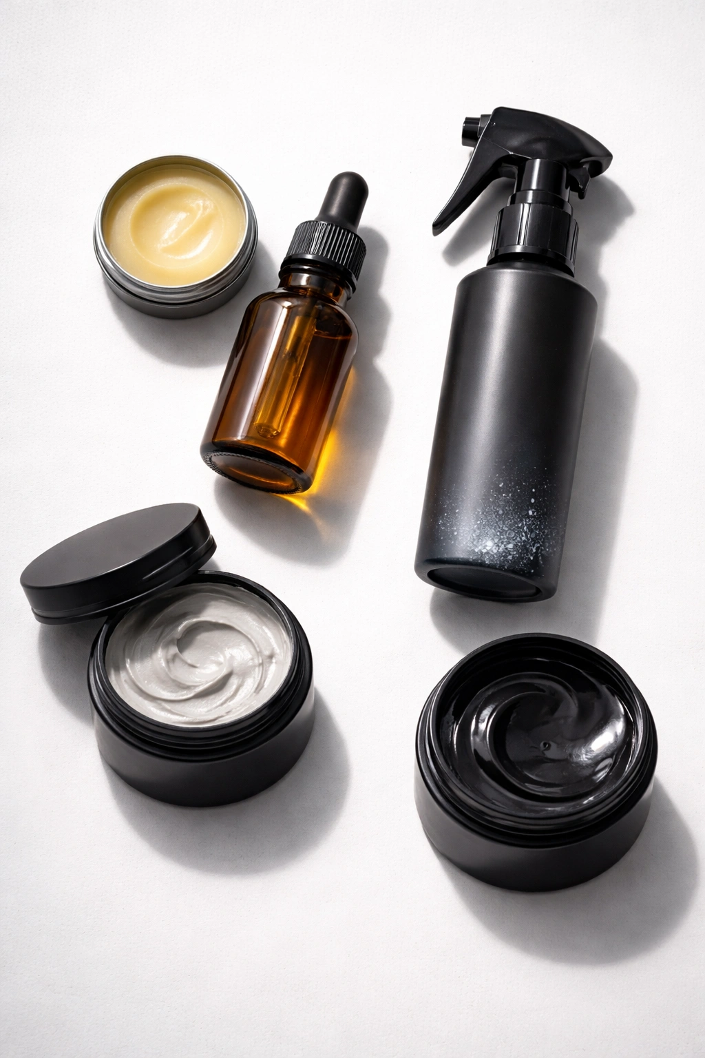 Unlabeled styling products flat lay for mustache and hair grooming