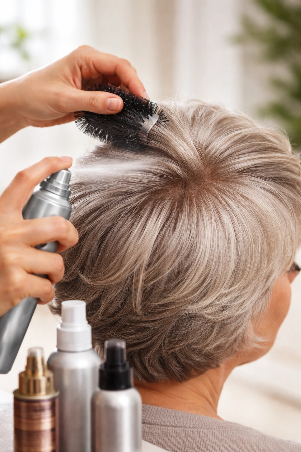 Hands applying hair product to crown area for added volume