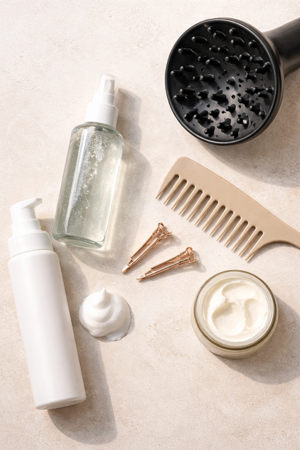 Wavy Pixie Cuts 12 Styles For Naturally Wavy Hair 14 Flat lay of styling products and a diffuser for wavy pixie styling.