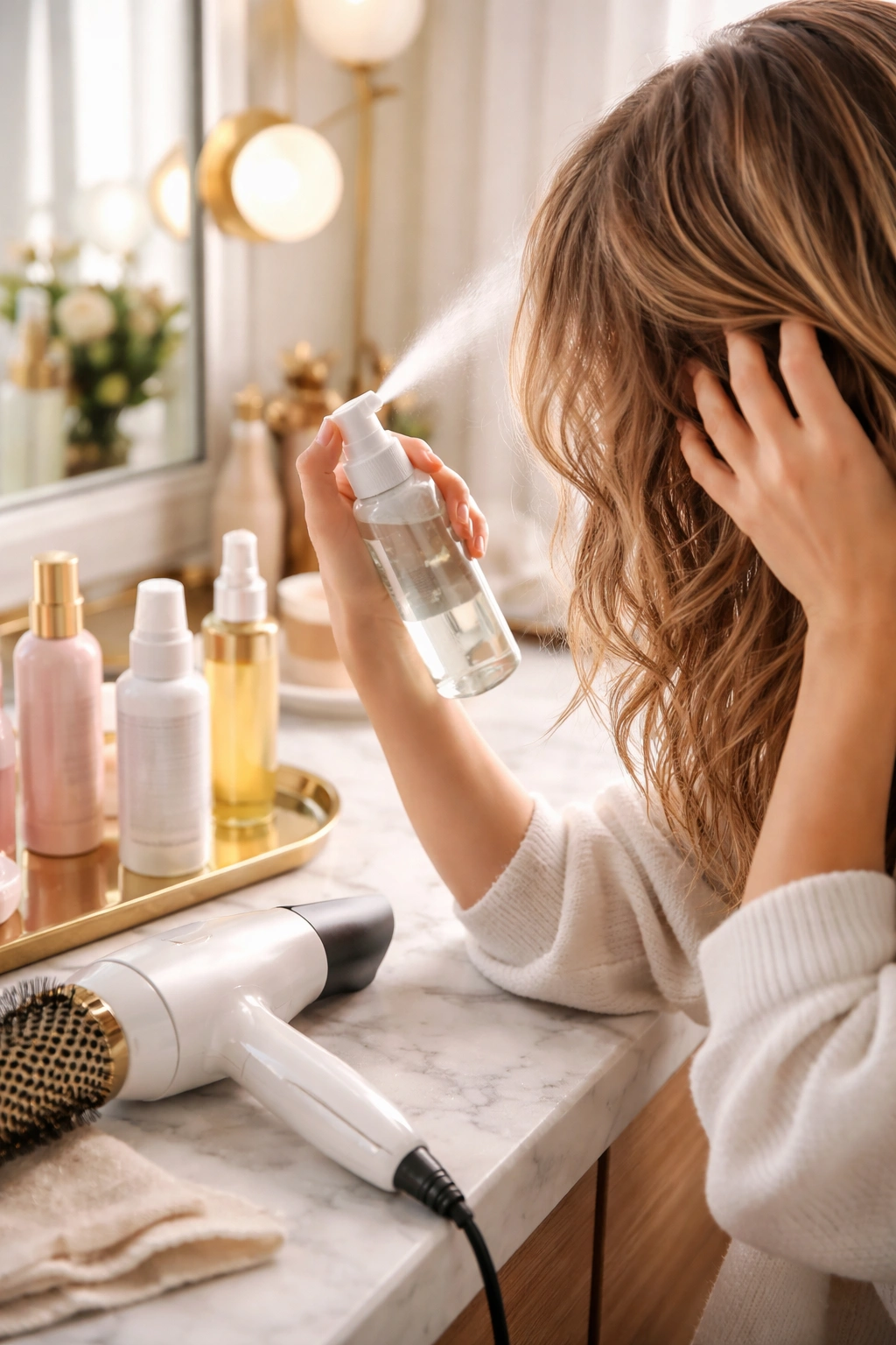 Person applying styling product to damp hair at a vanity with round brush and blow dryer