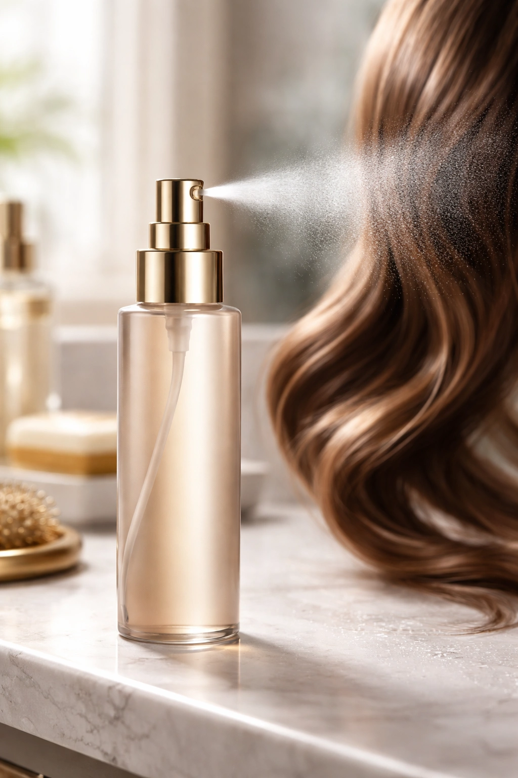 Styling spray bottle releasing mist for hair protection