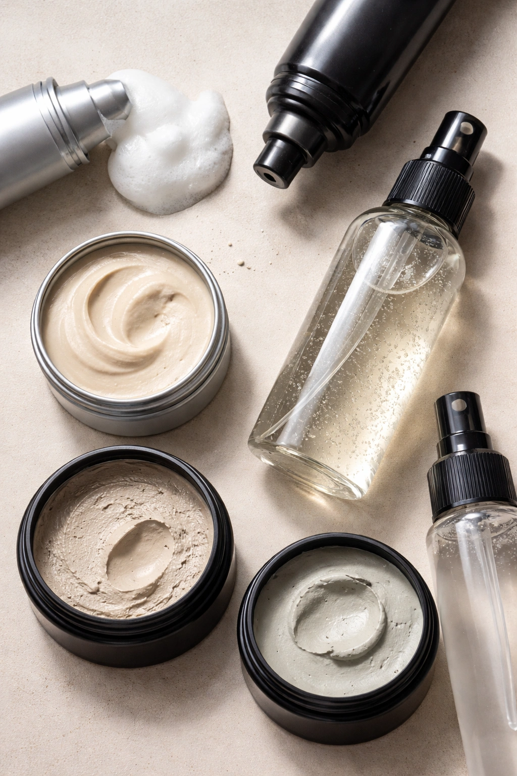 Close-up of unlabeled hair styling products on a neutral surface for styling tips
