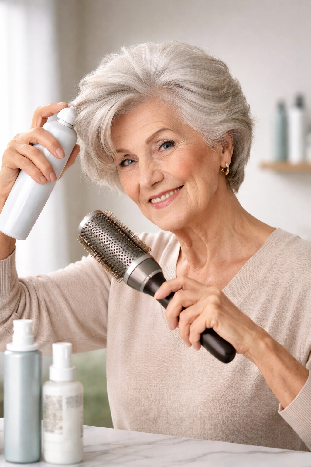Hands applying volumizing mousse with hair products in the background