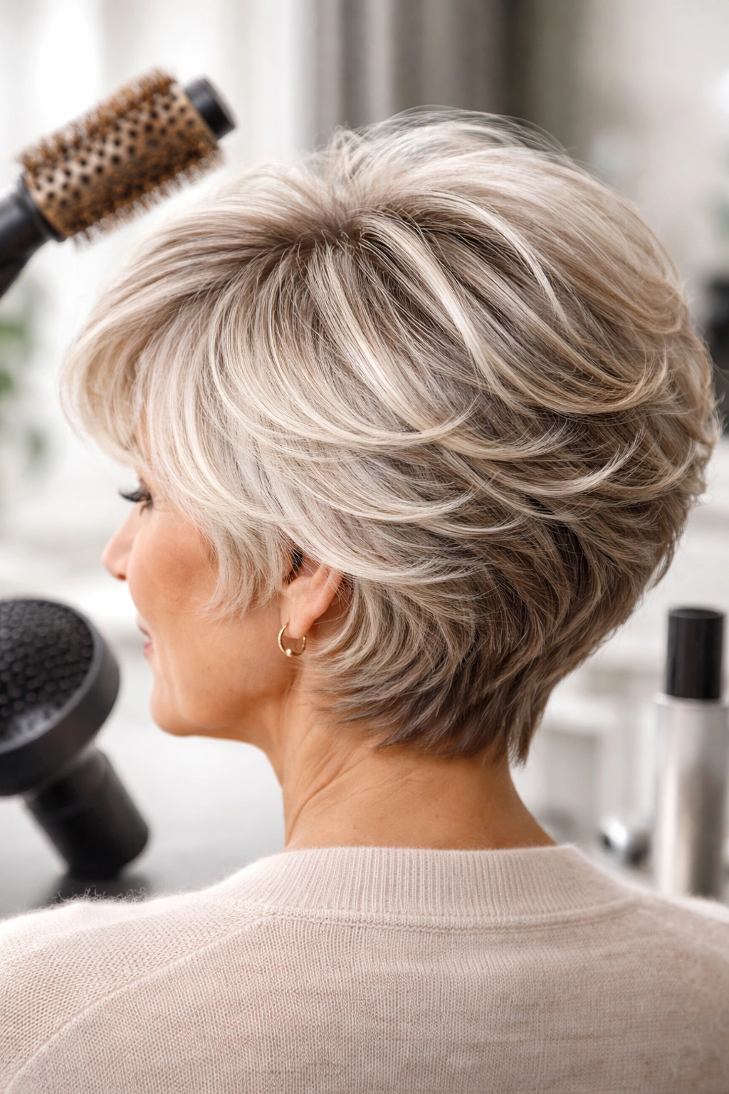 Close-up of glossy textured hair with round brush background in soft focus