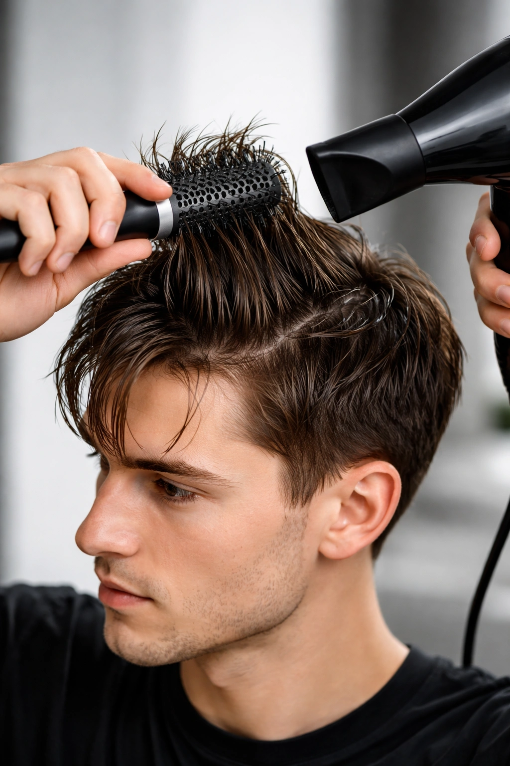 Hands styling damp straight hair with a round brush and blow dryer