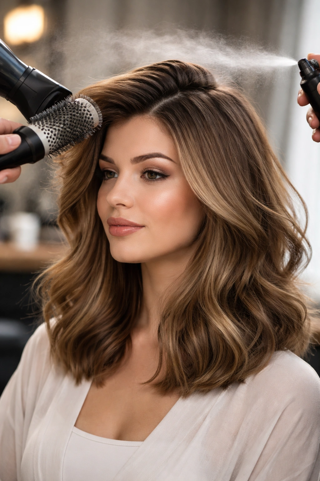Hair being blow-dried with a round brush to create volume and sculpted shape