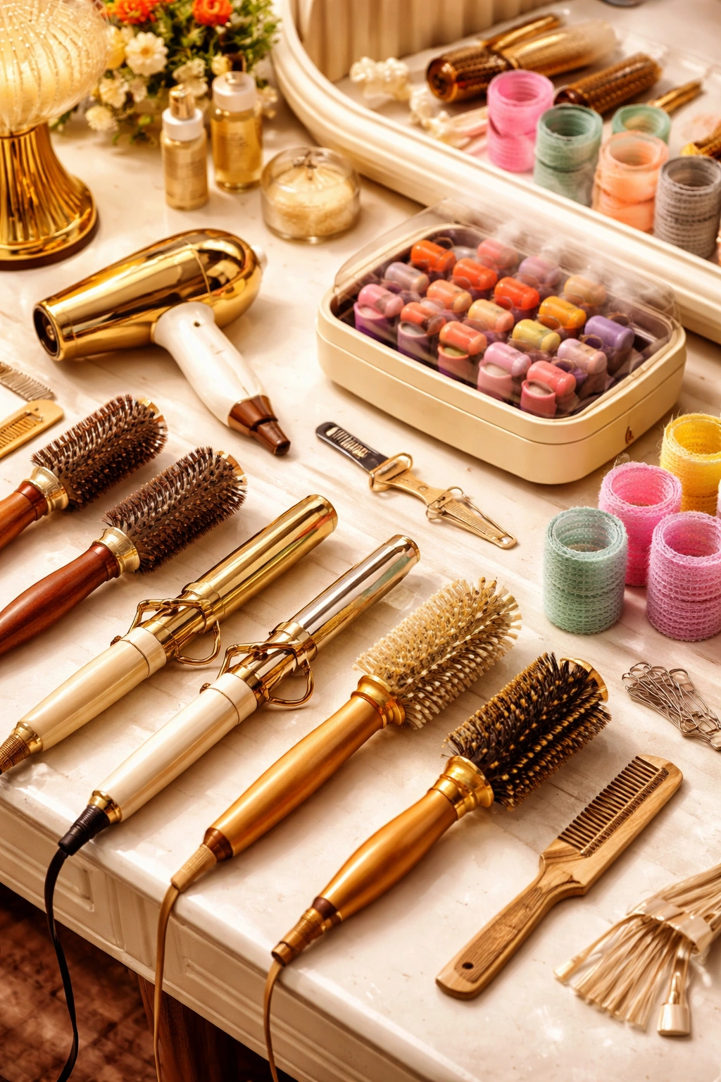 Flat lay of 1970s styling tools including dryer, brushes, and rollers
