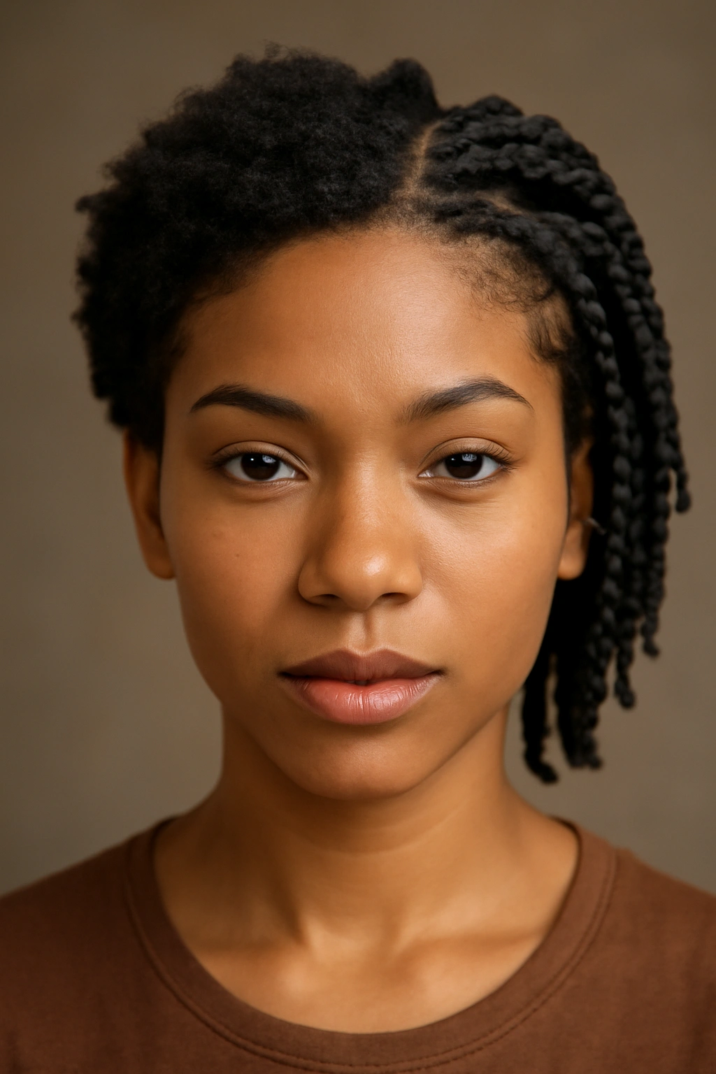 Short Natural Haircuts for Coily and Curly Textures 12 Portrait of a person with short natural hair showing two distinct looks across the head