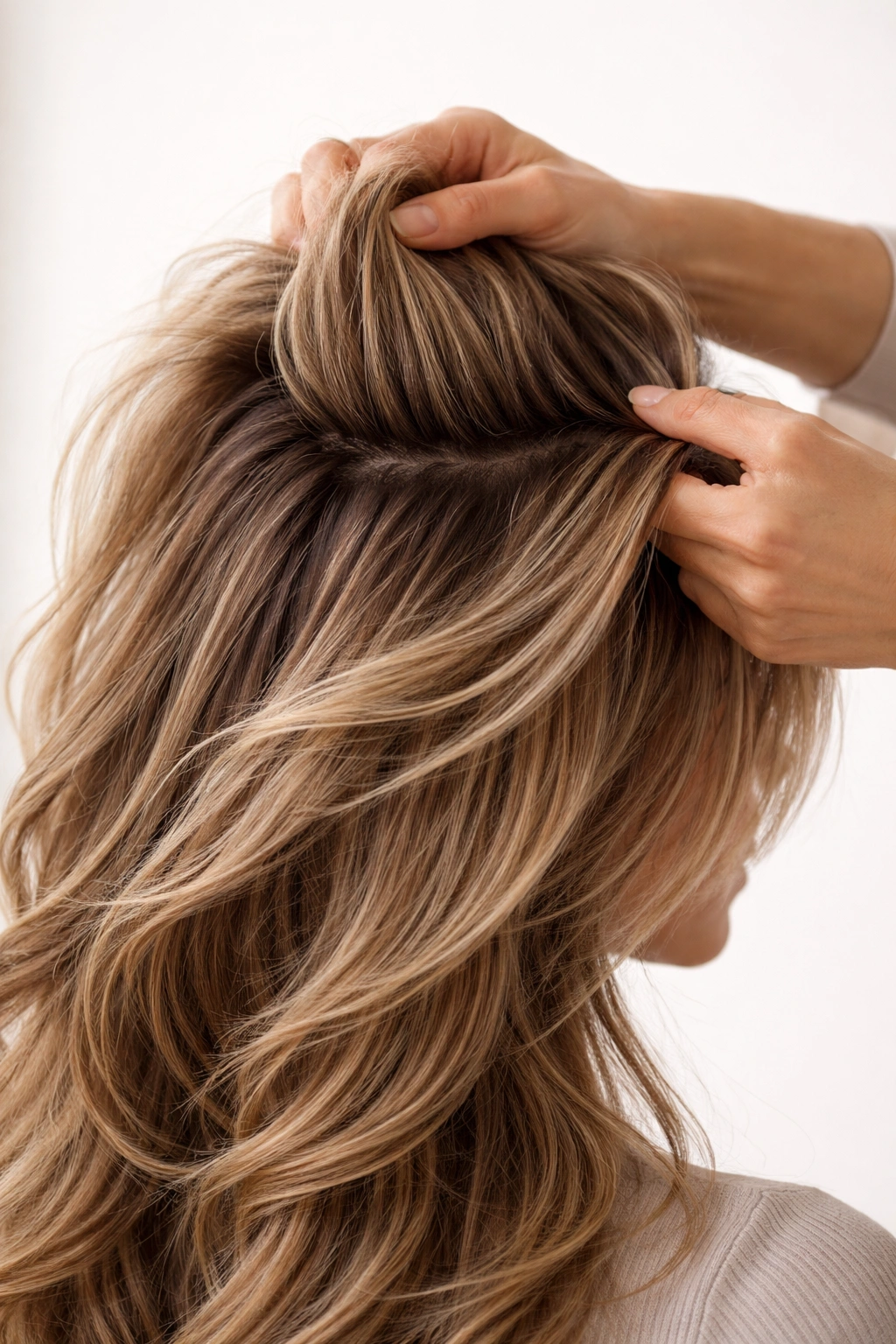 Close-up of hands styling hair to create volume at the crown
