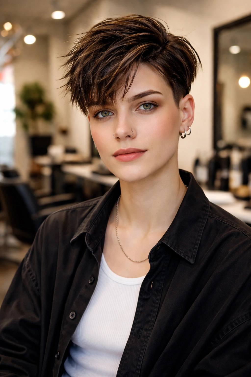Portrait of a person with a clean gender-neutral haircut in a calm studio