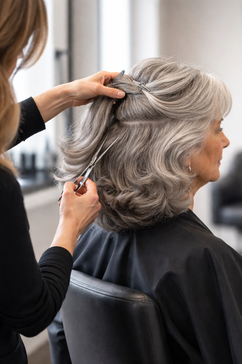 Stylist's hands working with thick hair on an older client, illustrating consultation and technique
