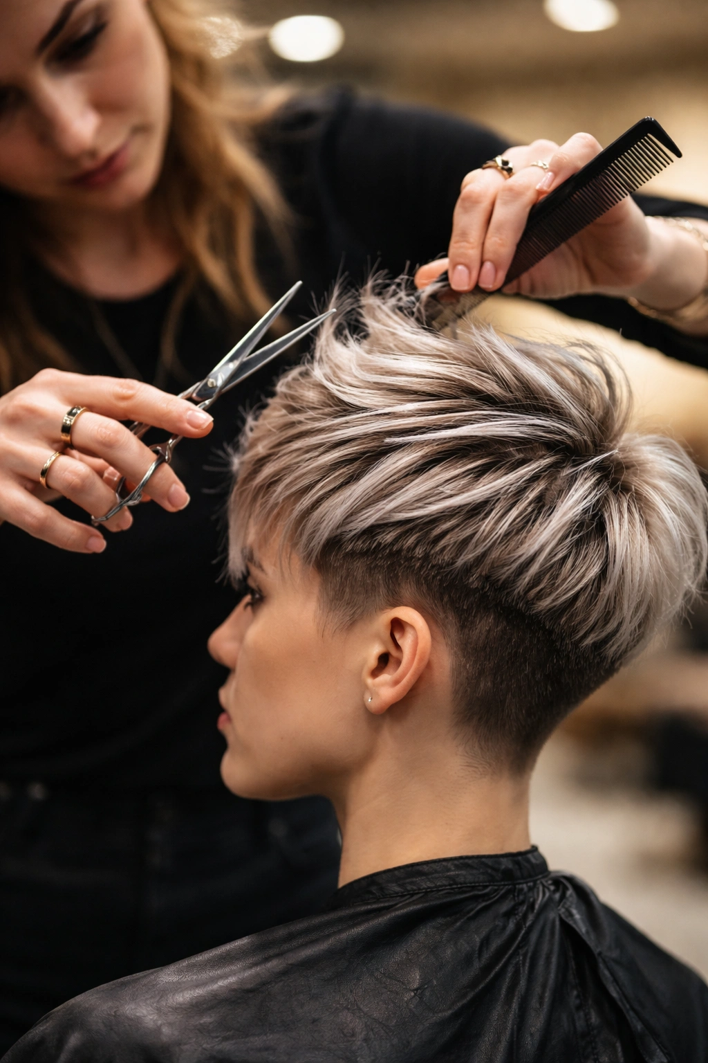 10 Funky Short Haircuts For Women Who Love Edge 12 Close-up of stylist’s hands styling edgy haircut in a salon