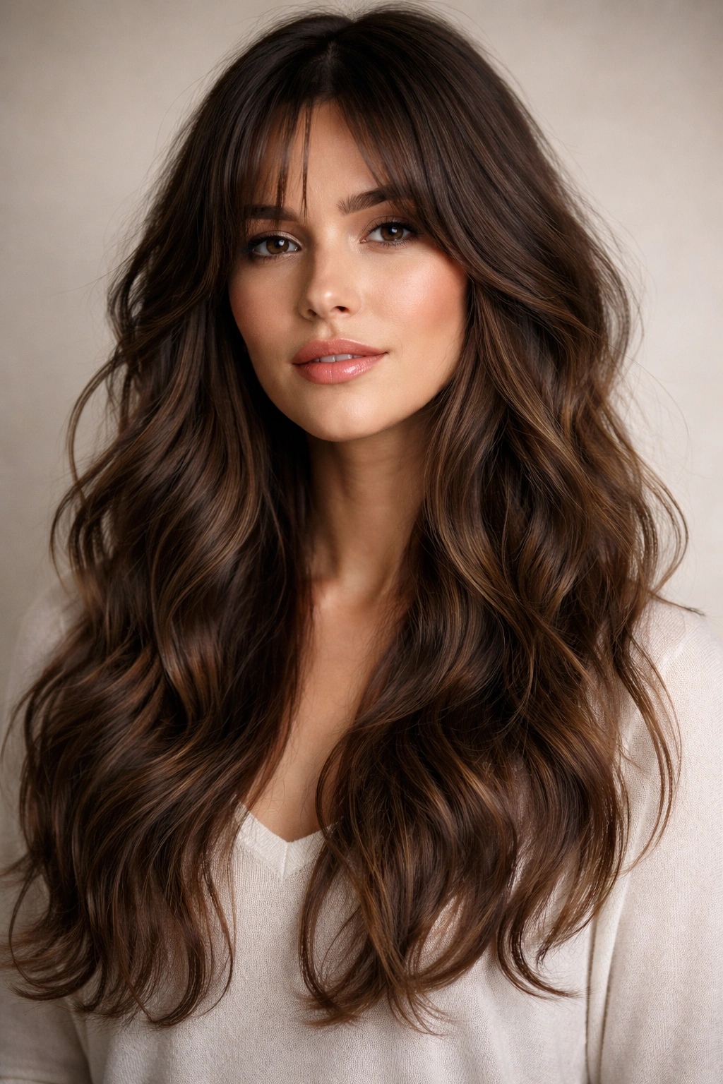 Close-up portrait of a person with The Subtle Shag hairstyle featuring long, layered waves reaching mid-chest.