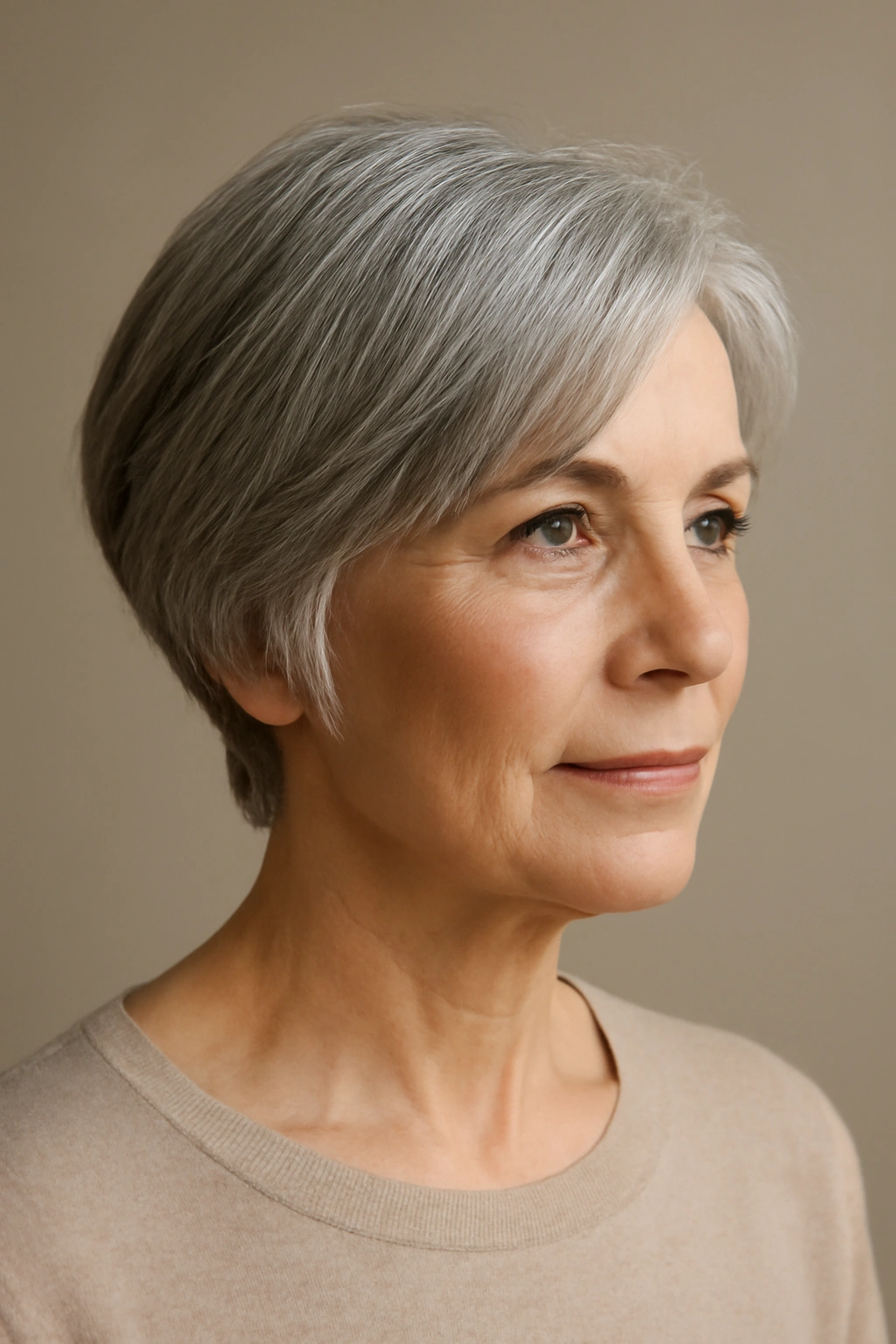 15 Youthful Hairstyles For Women Over 60 13 Mature woman with subtle tapered cut soft face-framing studio portrait