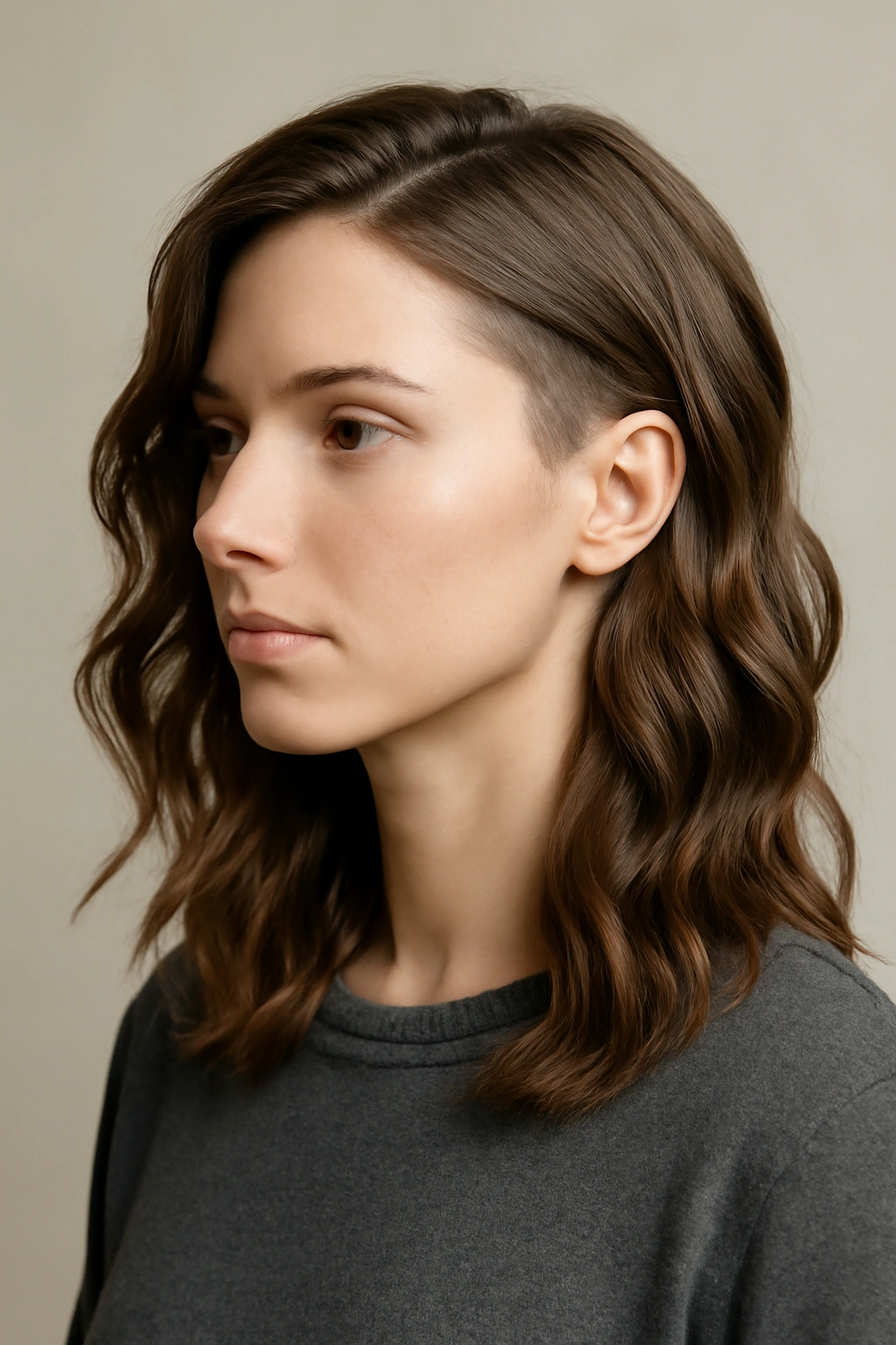 Subtle waves with lightweight layers and undercut in a head-and-shoulders portrait