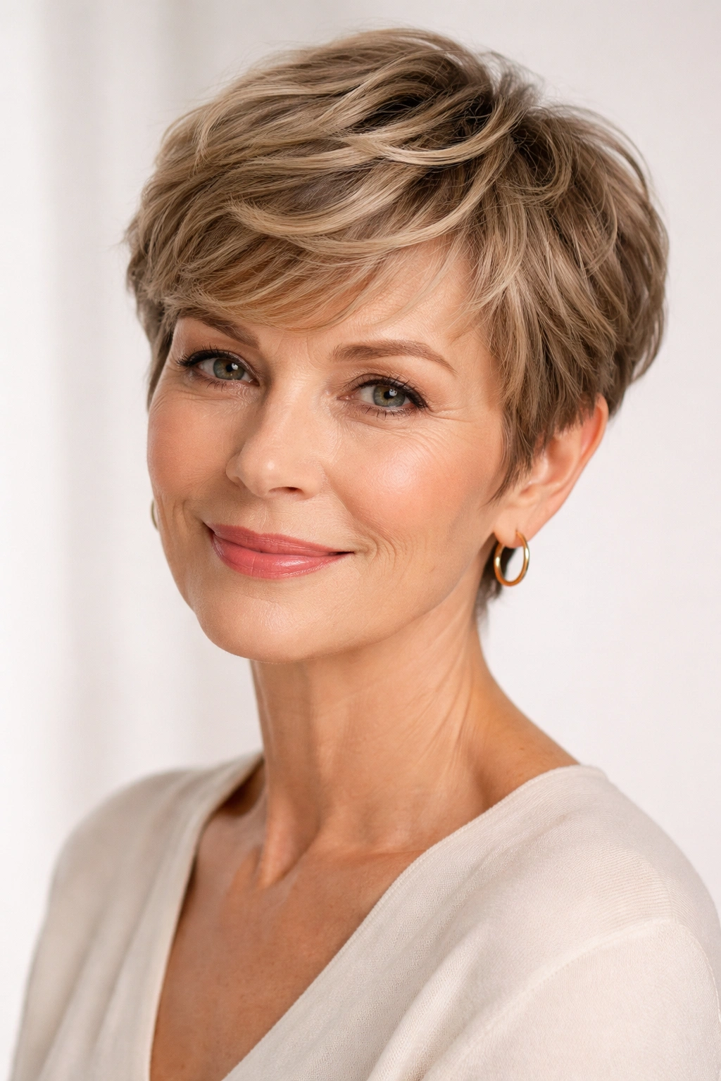 Close-up of a short pixie with subtle waves in classic dark blonde