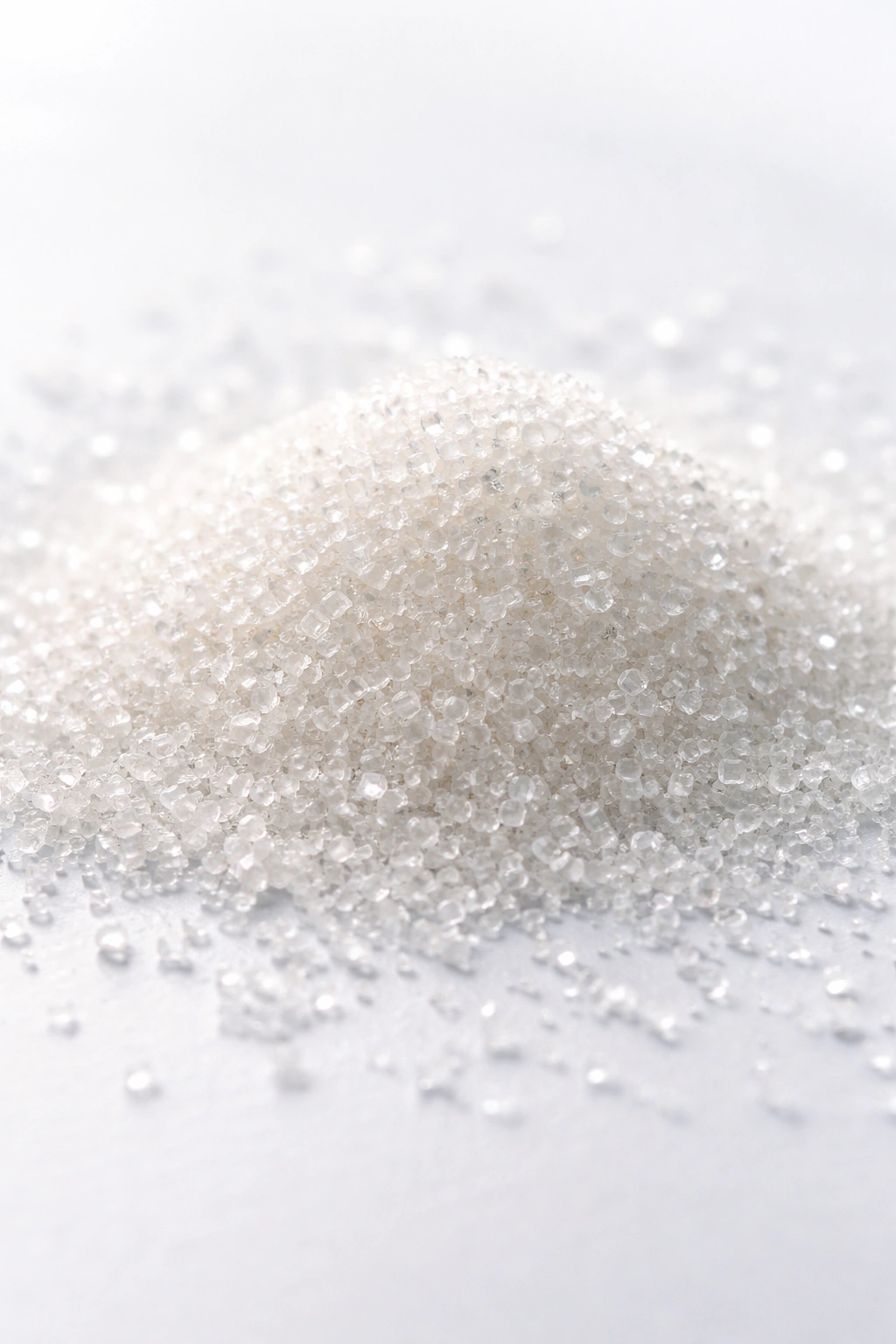 Sugar crystals piled on a white surface