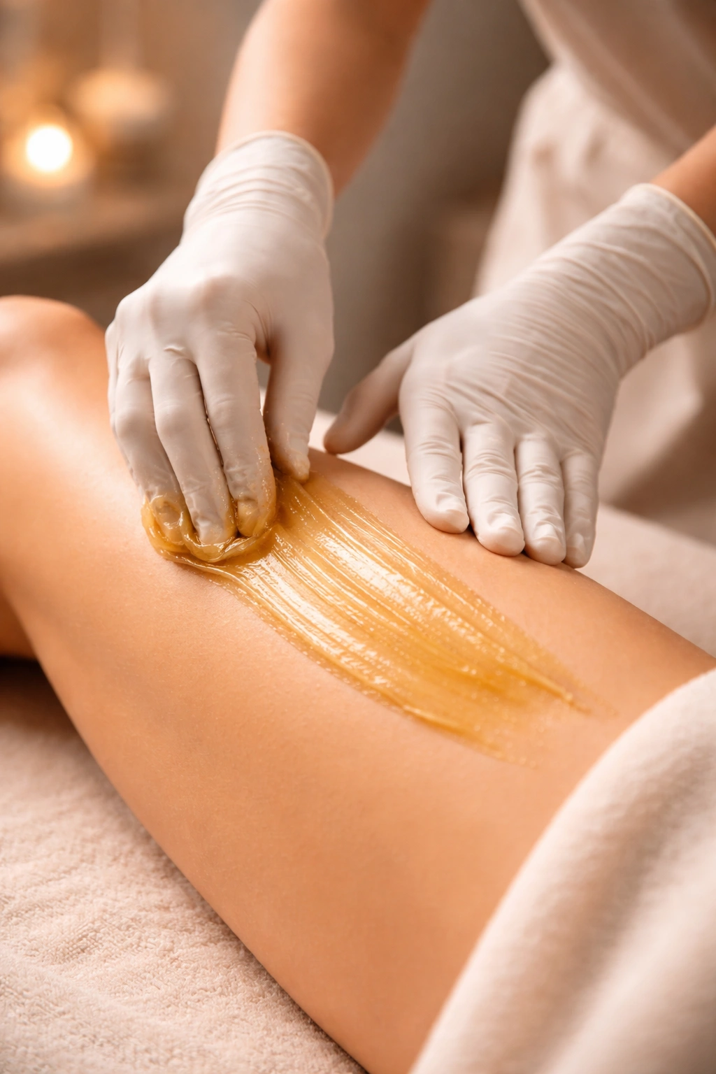 Esthetician applying sugaring paste to skin in a salon