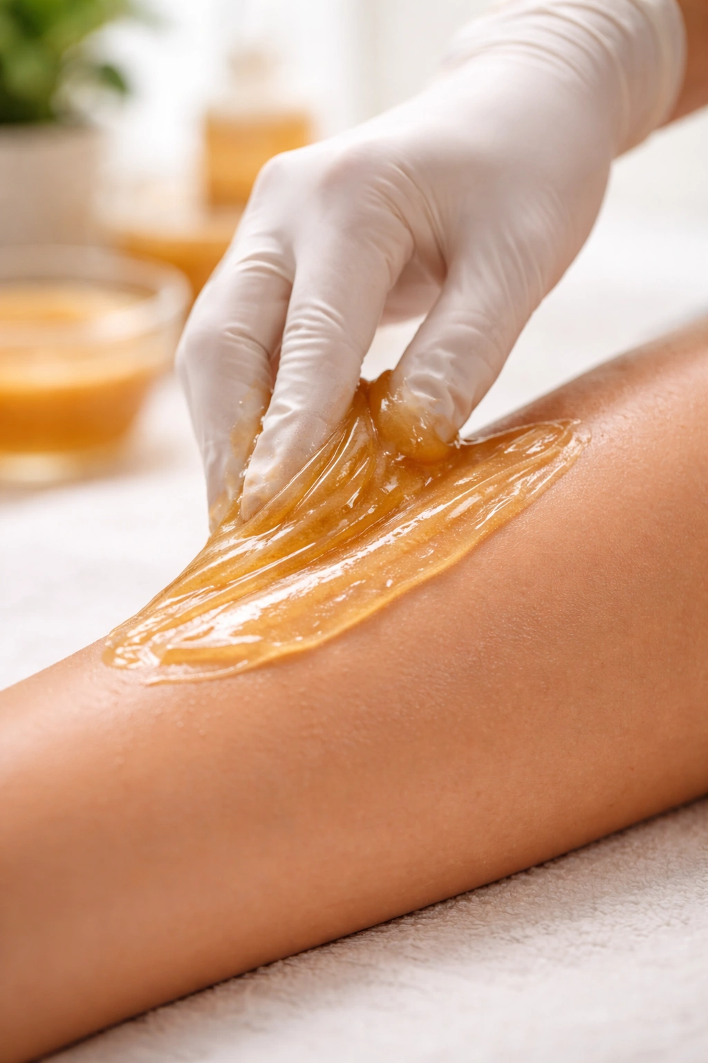 Close-up of warm sugar paste applied to skin for sugaring hair removal in spa