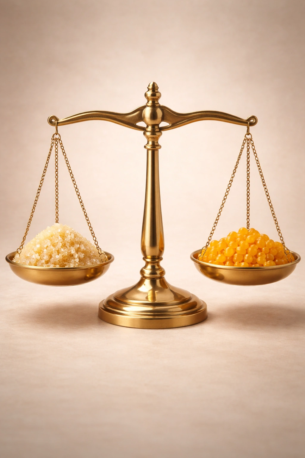 Balance scale with sugar and wax beads illustrating choosing a method