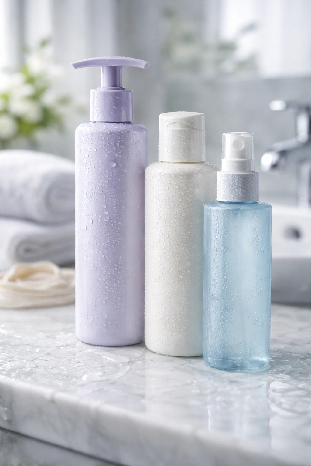 Color-safe sulfate-free bottles in a bathroom