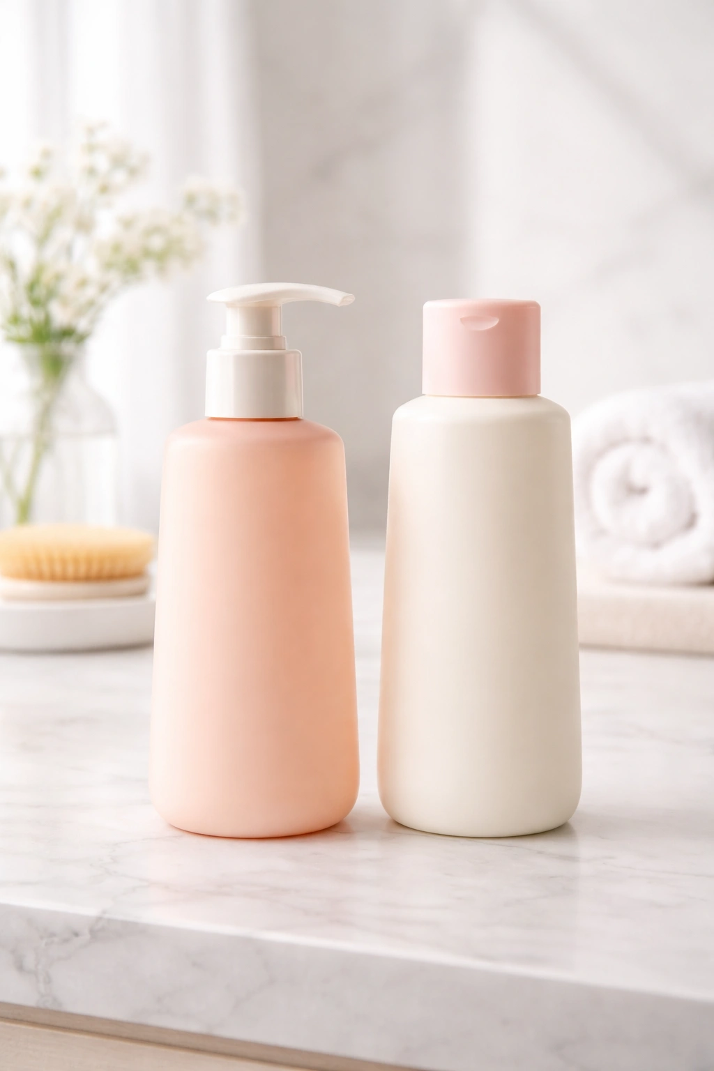 Unlabeled shampoo and conditioner bottles on a clean surface