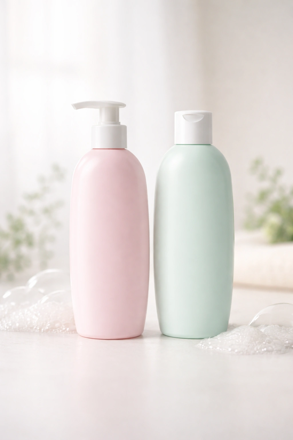 Close-up of unlabelled sulfate-free shampoo bottles in a neutral studio backdrop